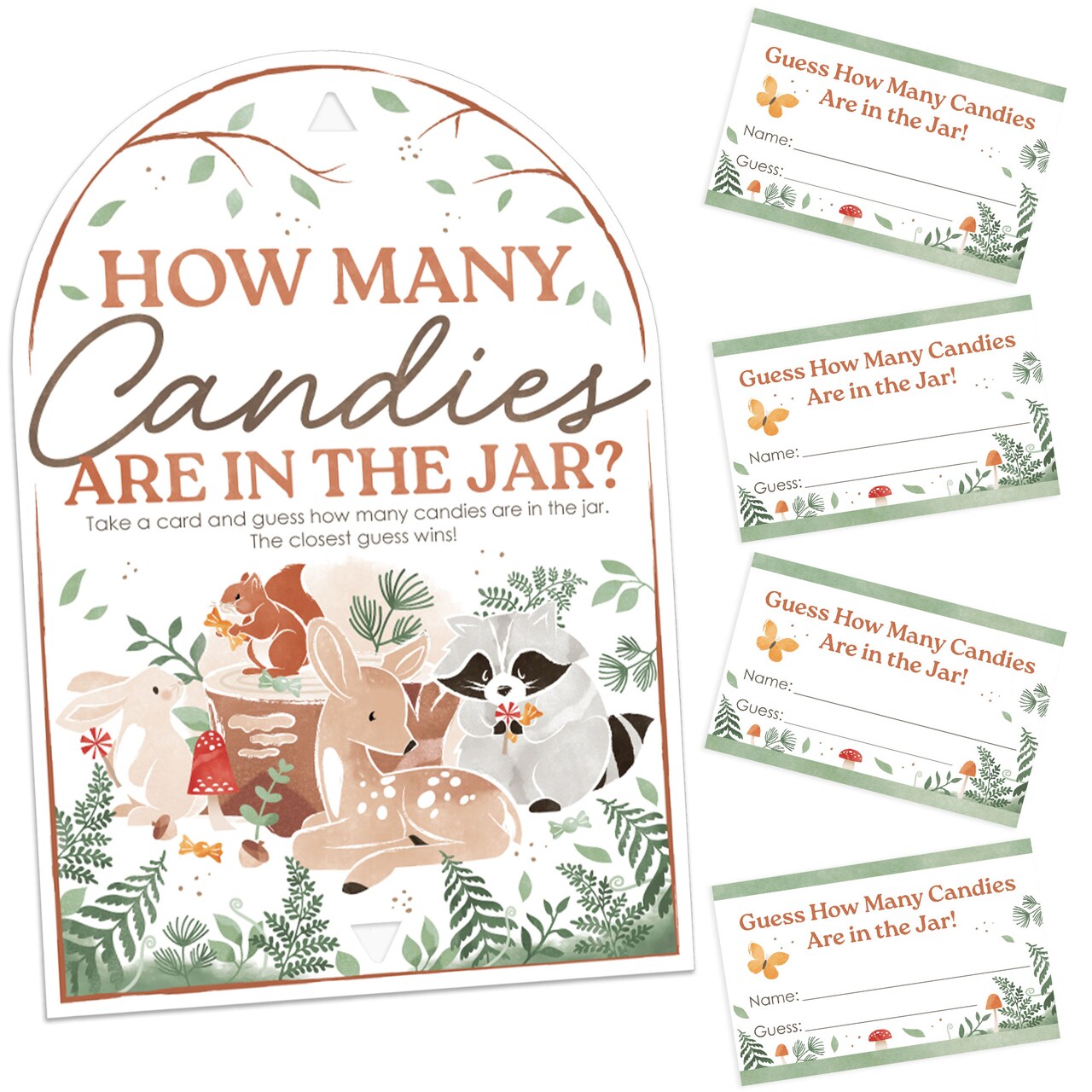 Big Dot of Happiness Woodland Animals Candy Guessing Game, Forest Baby Shower or Birthday Activity, How Many Candies in the Jar, 1 Stand & 40 Cards